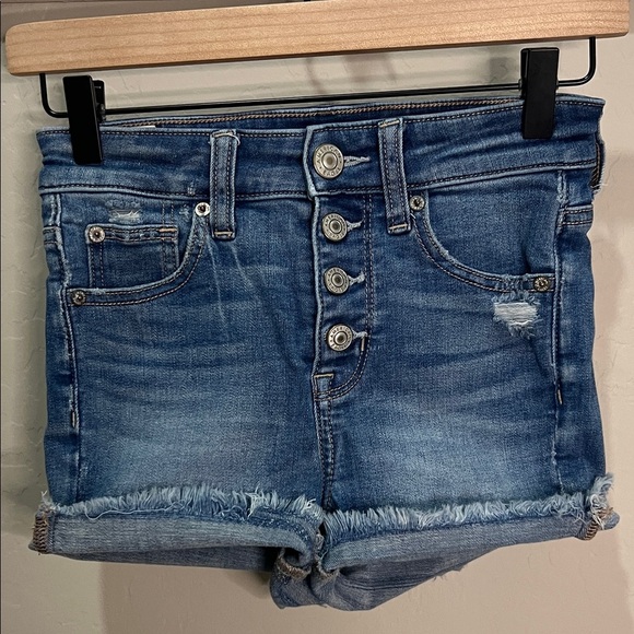 American Eagle AE Distressed Jean Shorts Fray Hem Cuttoffs Rollup Vintage Button - Picture 5 of 10